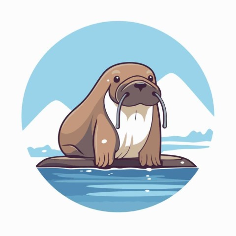 Walrus on the island in the ocean. Cartoon vector illustration.