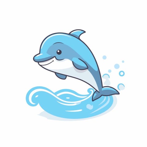 Cute cartoon dolphin jumping out of the water. Vector illustrati