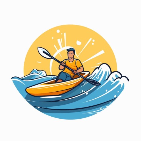 Man in kayak on the waves. Vector illustration in cartoon style