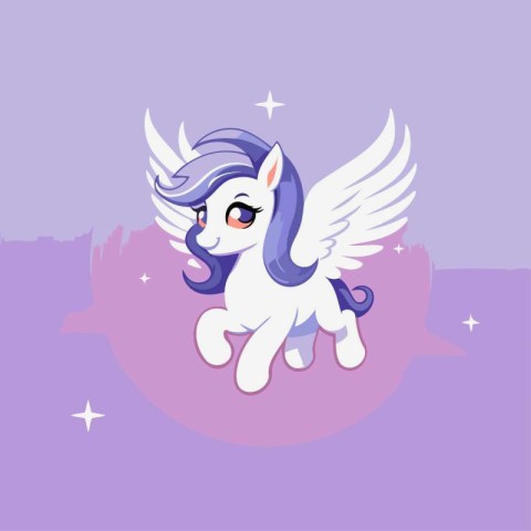 Cute little unicorn with wings on a purple background. Vector il