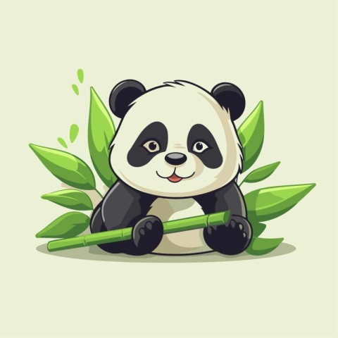 Cute panda sitting with bamboo on green leaves background. Vecto