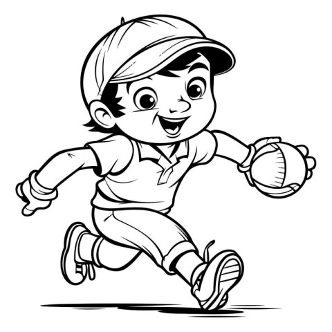 Cute Little Boy Baseball Player - Black and White Cartoon Illust