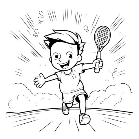 Boy playing badminton. black and white vector illustration for c