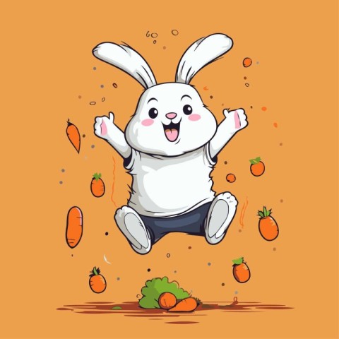 Cute cartoon bunny jumping with carrot on orange background. Vec