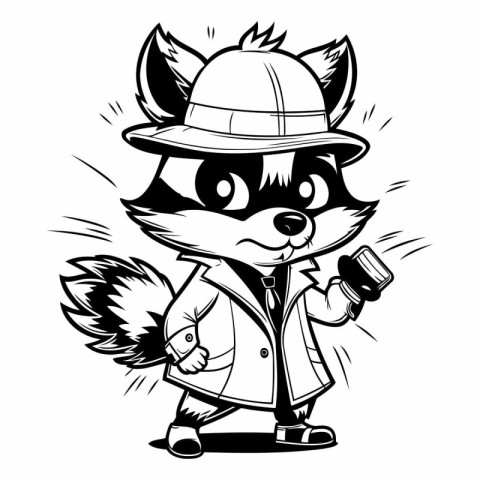 Black and White Cartoon Illustration of Cute Fox Detective Chara