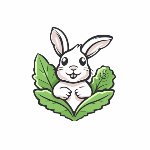 Cute cartoon bunny with green leaves on white background. Vector