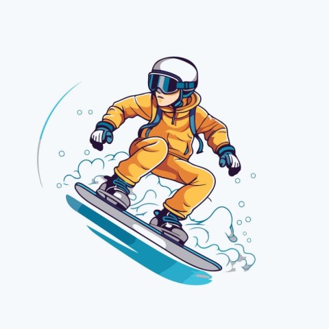 Snowboarder in a helmet rides on a snowboard. Vector illustratio