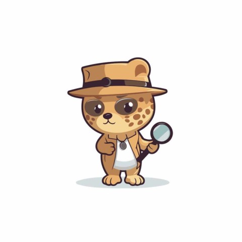 Cute leopard detective character with magnifying glass. Vector i