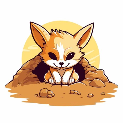 Cute cartoon fox sitting in hole. Vector illustration of a cute