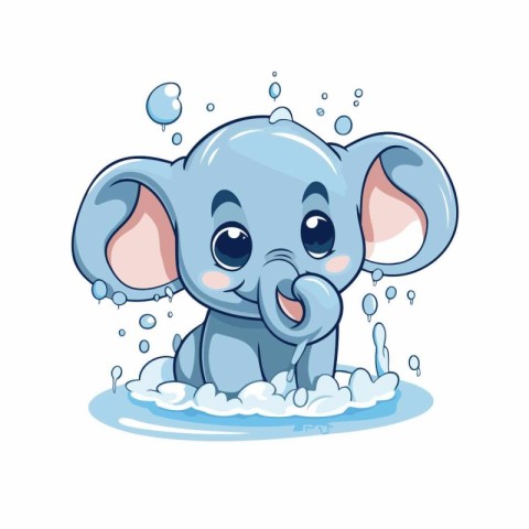 Cute cartoon baby elephant washing in the water. Vector illustra