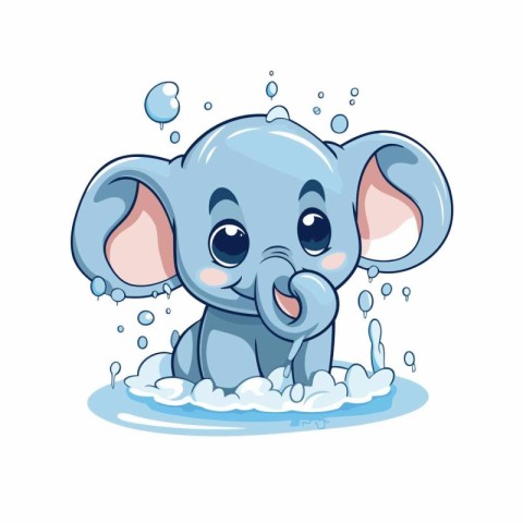 Cute cartoon baby elephant washing in the water. Vector illustra