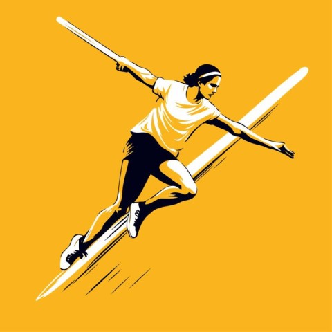 Baseball player jumping with a bat. Vector illustration on yello