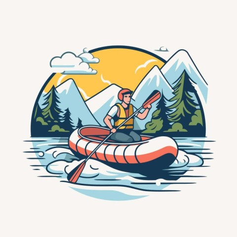 Kayaking in the mountains. Vector illustration in a flat style.