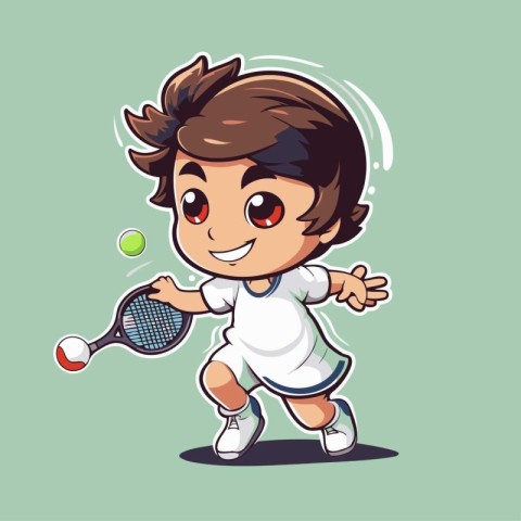 Cartoon boy playing tennis. Vector illustration of a boy playing