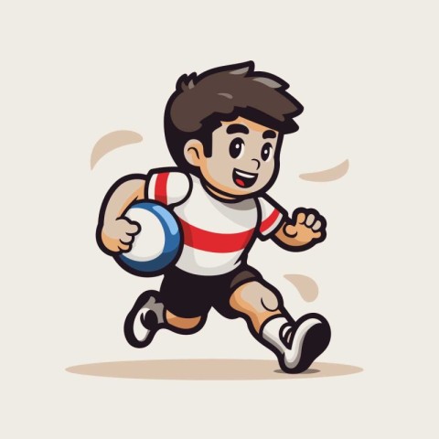 Cartoon rugby player running with ball. Vector illustration in c