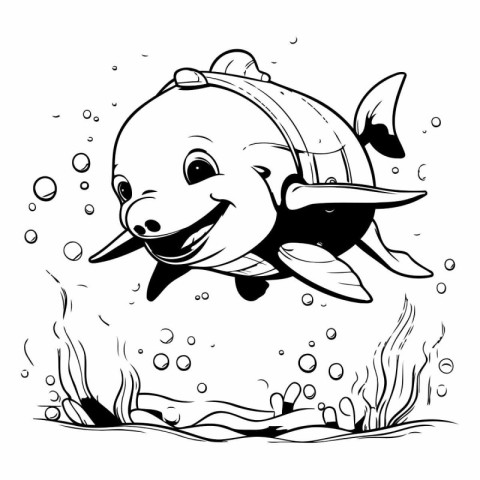 Black and White Cartoon Illustration of a Cute Fish Jumping Unde