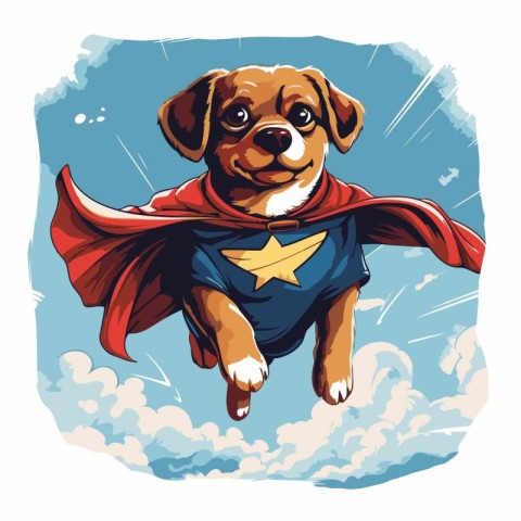 Puppy in a superhero costume flying in the sky. Vector illustrat