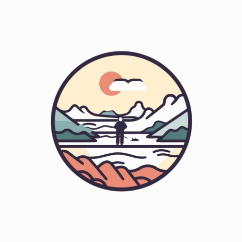 Mountain landscape with lake and sun. Vector illustration in fla