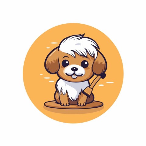 Cute cartoon dog with a brush on a white background. Vector illu