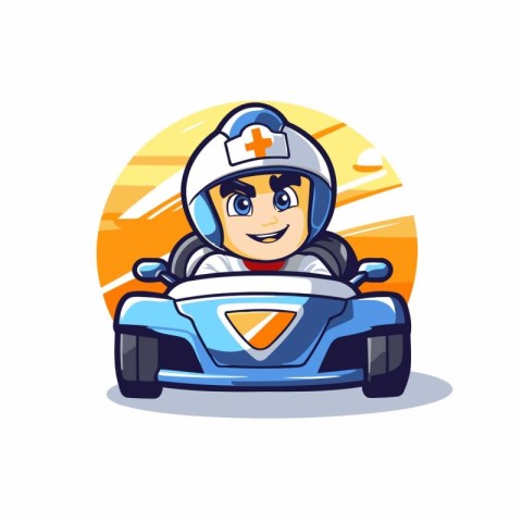 Cute cartoon kart driver character on a race car. Vector illustr