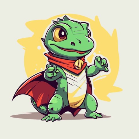 Funny green dragon with red cape. Vector illustration. Cartoon s