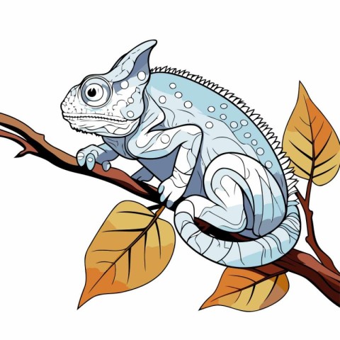 Chameleon sitting on a branch with leaves. Vector illustration.