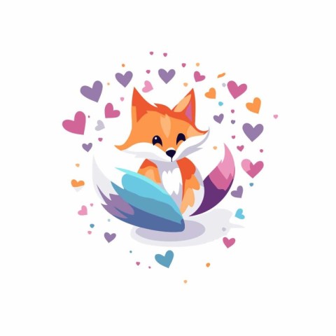 Cute fox with wings and hearts. Vector illustration in cartoon s