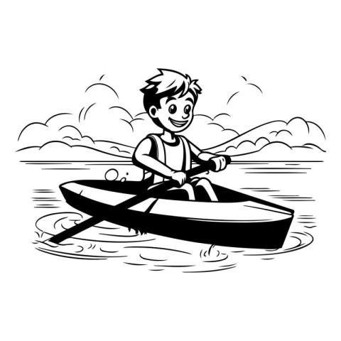 Boy rowing a boat on the river - black and white vector illustra