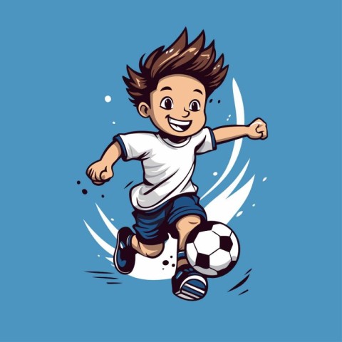 Cartoon boy playing soccer with ball. Vector illustration in car