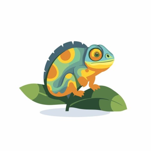 Cute chameleon on the leaf. Cartoon vector illustration.