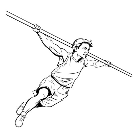 Athletic man jumping with a bar. Black and white vector illustra