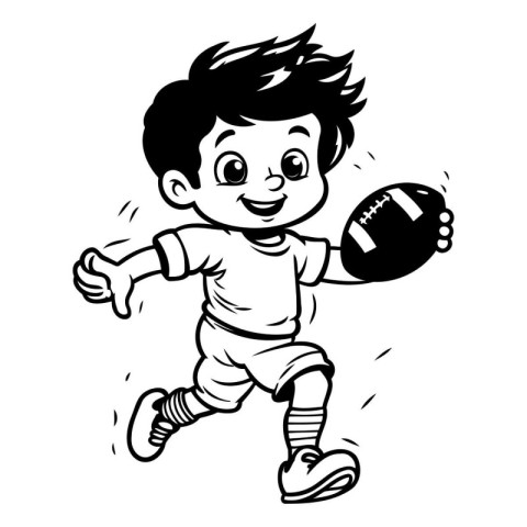 Cute little boy playing american football - black and white vect