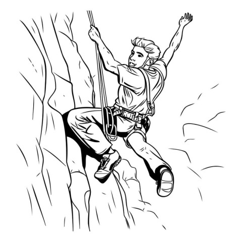 illustration of a rock climber jumping over a cliff with his han