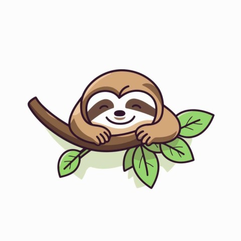 Cute cartoon sloth character on a branch. Vector illustration.