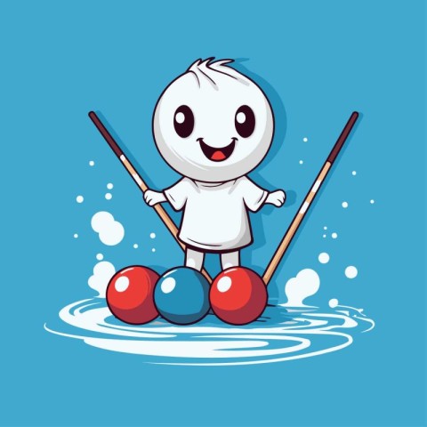 Cartoon boy playing billiards on a blue background. Vector illus