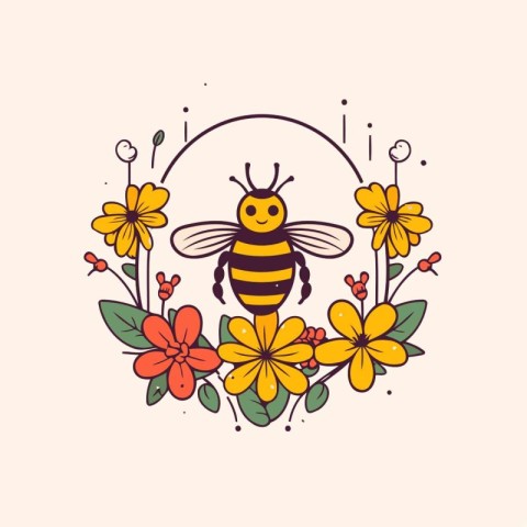 Honey bee with flowers. Vector illustration in flat linear style