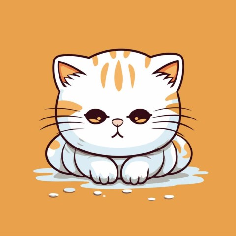 Cute cartoon cat sitting on the ground. Vector illustration isol