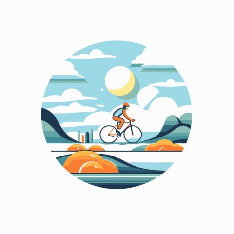 Cyclist on the road in the mountains. Vector illustration.