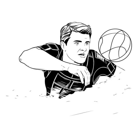 Black and white illustration of a basketball player with ball on