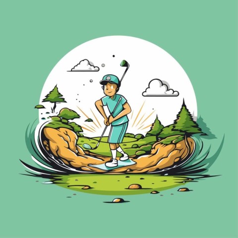 Golfer playing golf on the golf course. Vector illustration.