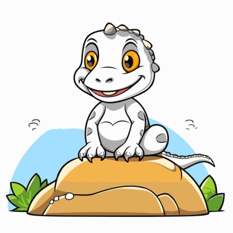 Cute baby dinosaur sitting on the rock. Cartoon vector illustrat