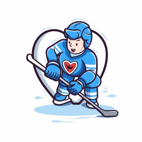 Ice hockey player with the stick and puck. vector cartoon illust