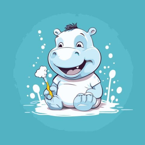 Cute cartoon hippo with a toothbrush. Vector illustration.