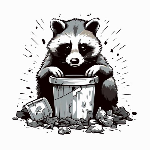 Vector image of a raccoon in a trash can with garbage.