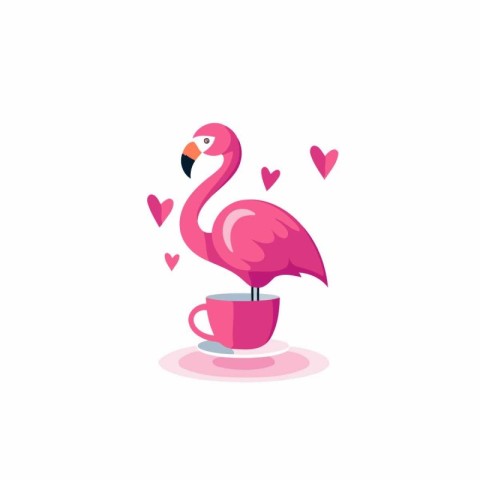 Cute flamingo with a cup of coffee. Vector illustration.