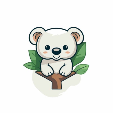 Cute koala sitting on a tree branch with leaves. Vector illustra