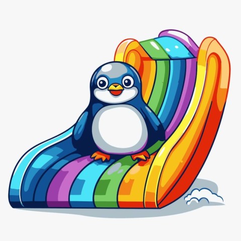 Cute penguin on an inflatable slide. Vector illustration.