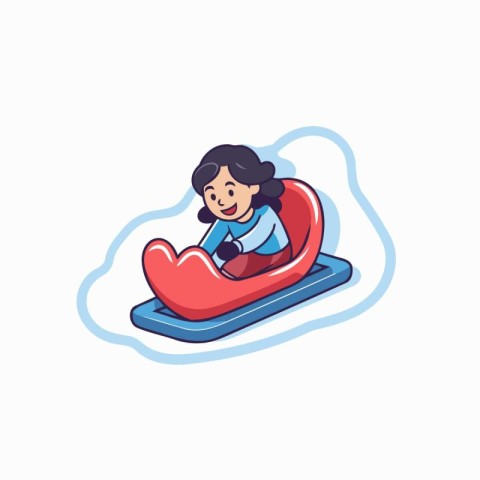 Little girl sliding on a sledge. Vector illustration in cartoon