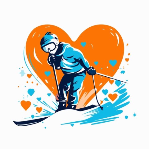 Vector illustration of skier in sportswear skiing downhill on ba