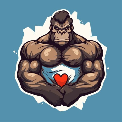 Vector illustration of strong gorilla with heart in his hands. H